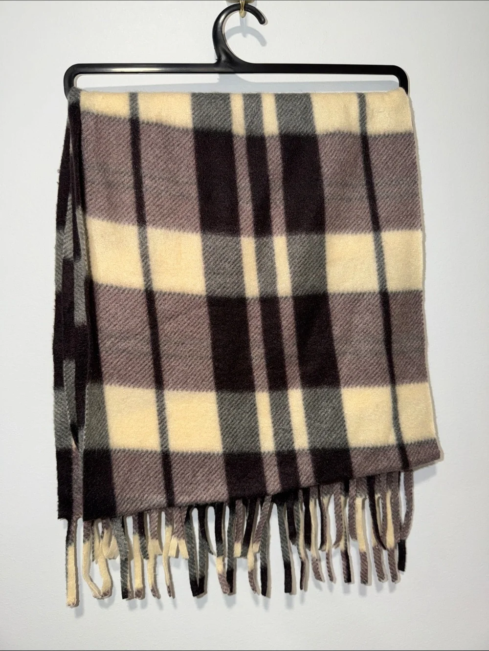 happy scarf polyester black brown beige plaid fringe unisex scarf